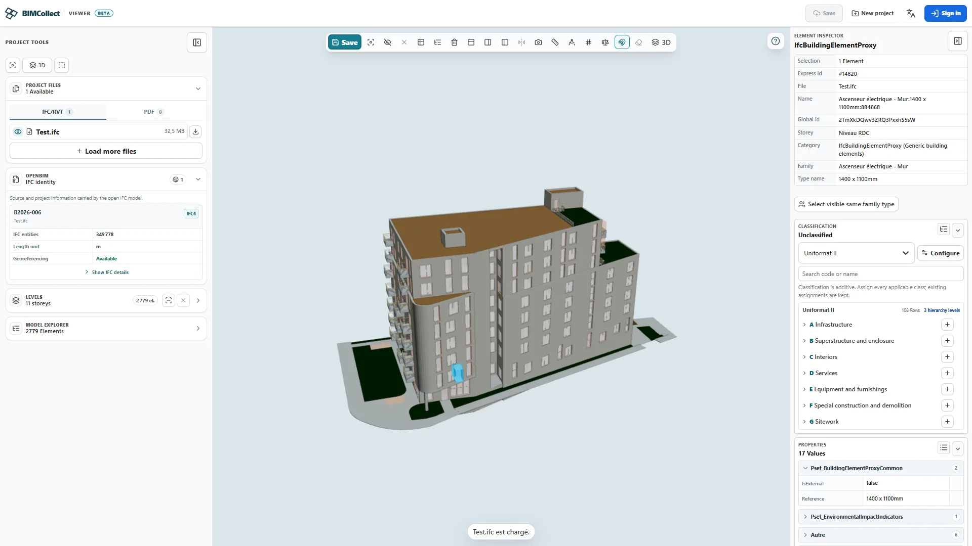 Sélection et inspecteur IFC dans l’application BIMCollect
